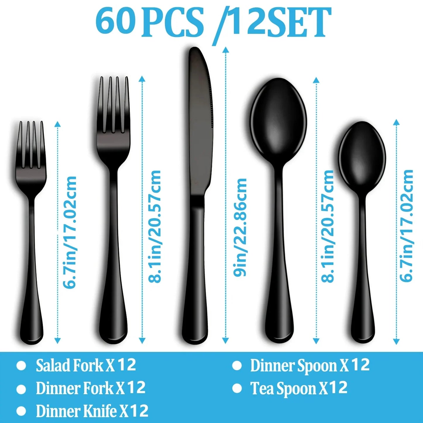 60pcs Black Silverware Set For 12