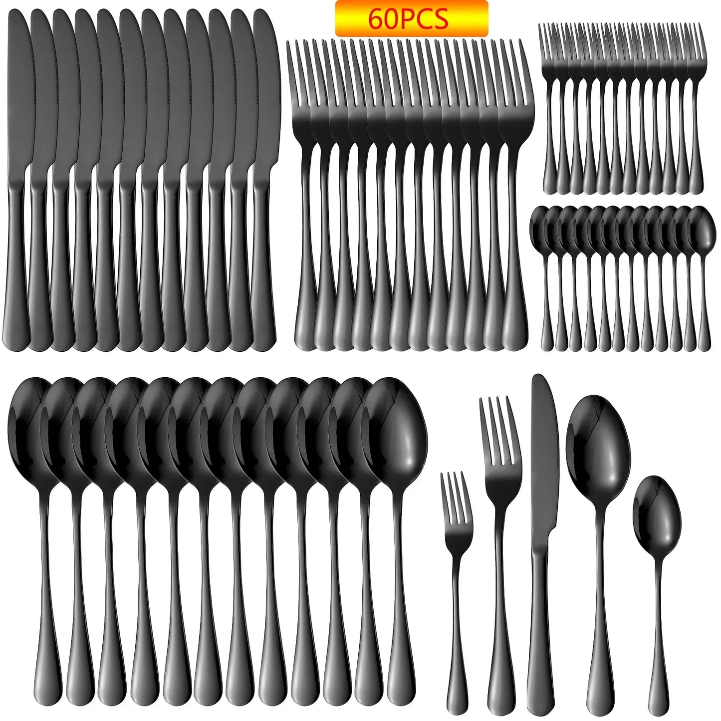 60pcs Black Silverware Set For 12